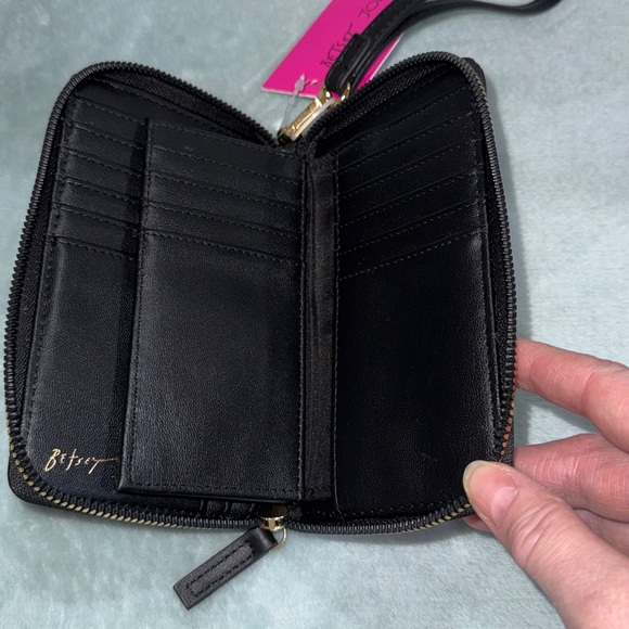 Betsey Johnson Black Zip Around Wallet with Gold Bow Accent